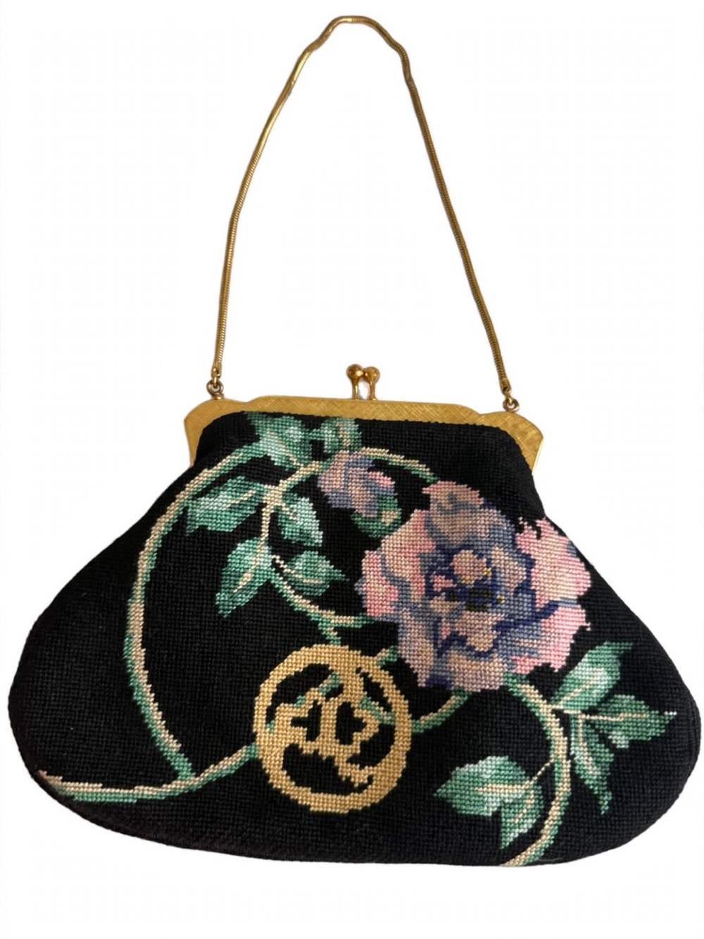 Vintage Elizabeth Turner Needlepoint evening bag black pink rose gold